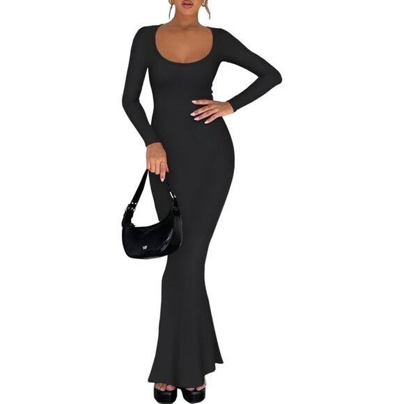 Women's Long Sleeve Maxi Dress Ribbed Square Neck Casual Fall Elegant - Picture 5 of 5